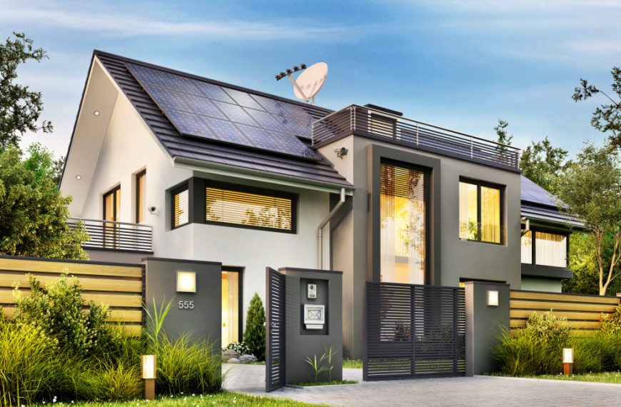 an eco-friendly modern home with solar panels on the roof