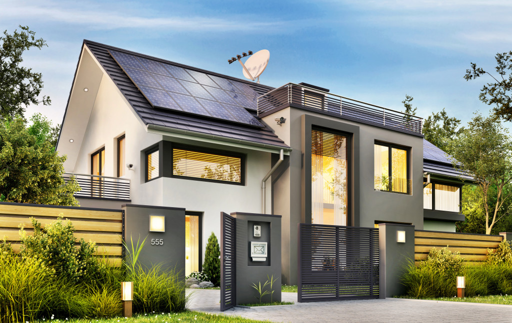 an eco-friendly modern home with solar panels on the roof